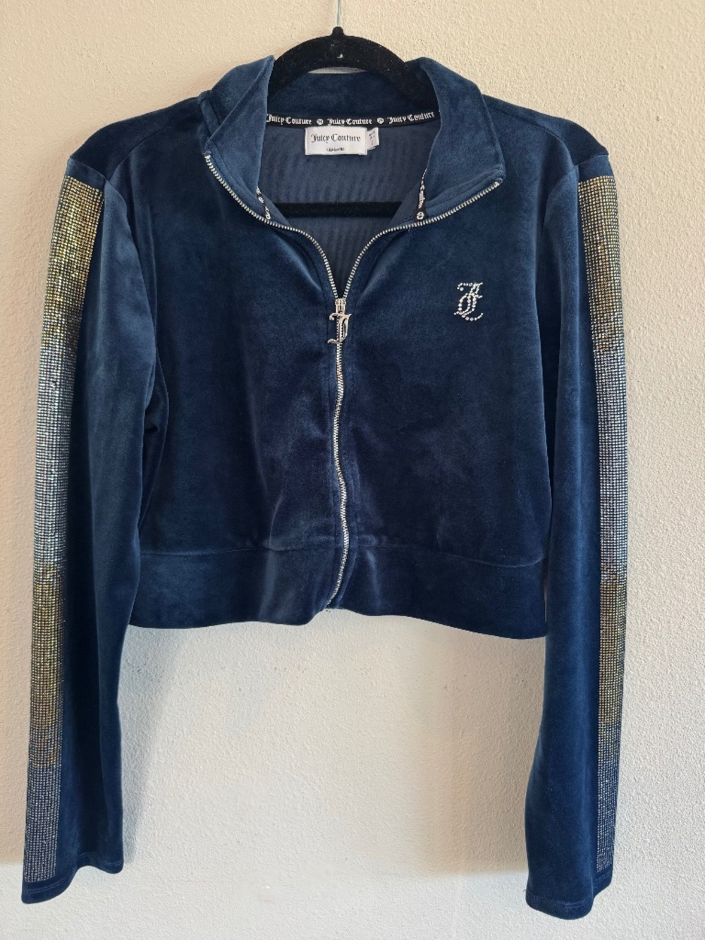 Juicy Couture Navy Blue Velour Cropped Track Jacket Large